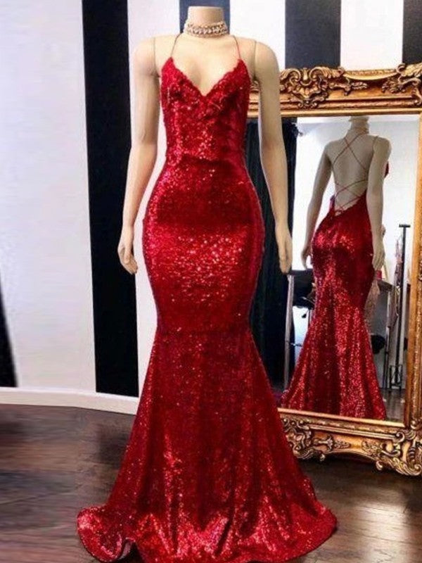 Trumpet/Mermaid Sweep/Brush Train Spaghetti Straps Sleeveless Sequins Dresses