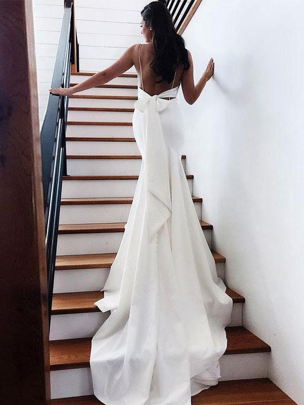 Sheath/Column Stretch Crepe Ruffles V-neck Sleeveless Court Train Wedding Dresses