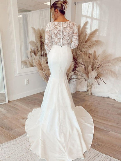 Sheath/Column Stretch Crepe Lace V-neck Long Sleeves Sweep/Brush Train Wedding Dresses