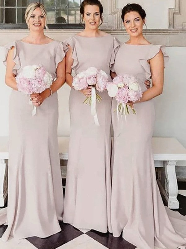 Sheath/Column Stretch Crepe Ruched Bateau Sleeveless Court Train Bridesmaid Dresses