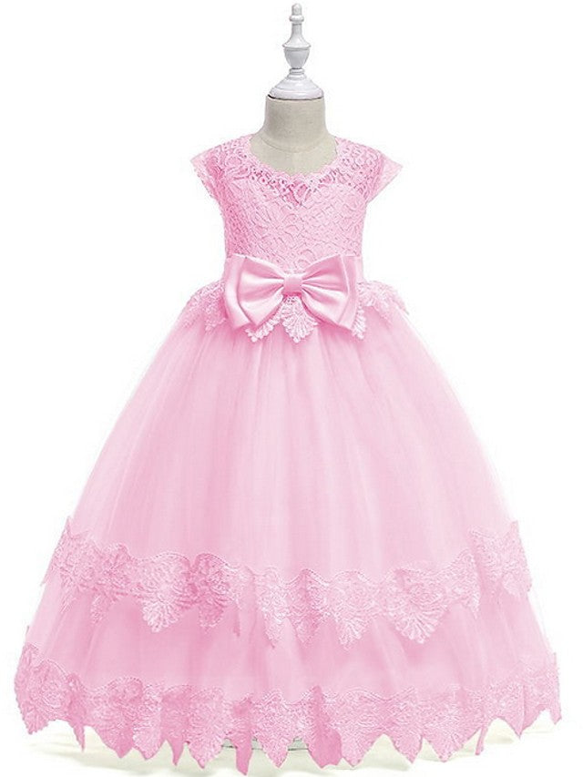 Princess Ball Gown Tulle Cap Sleeve Jewel Neck Wedding Party Flower Girl Dresses