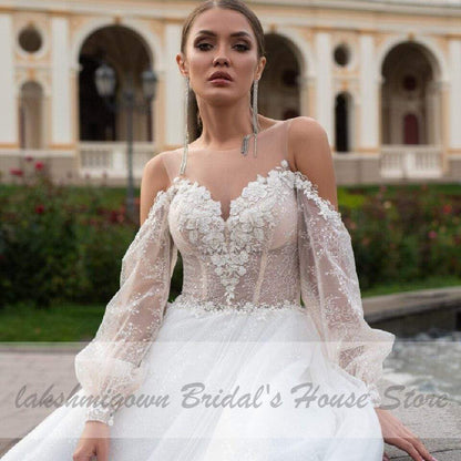 NumberSea Princess Boho Wedding Dress with Puffy Sleeves Beach Style