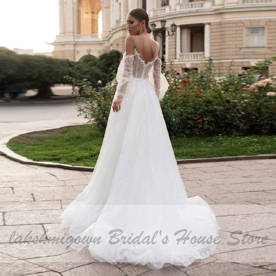 NumberSea Princess Boho Wedding Dress with Puffy Sleeves Beach Style