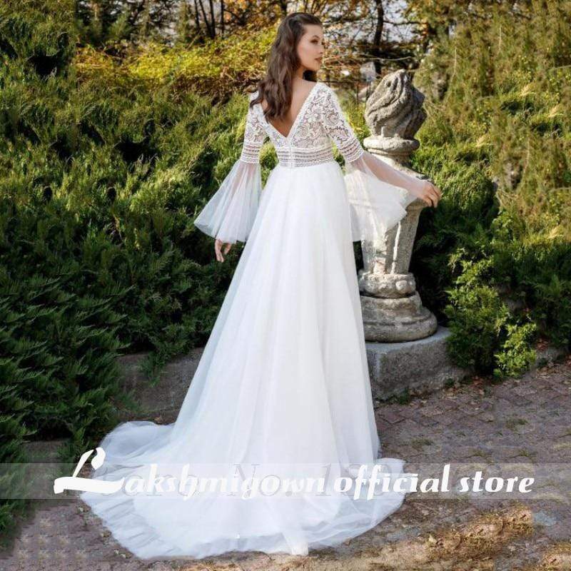 NumberSea Princess Flare Sleeve Wedding Dresses V Neck A Line Tulle