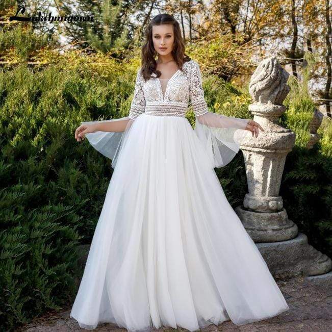 NumberSea Princess Flare Sleeve Wedding Dresses V Neck A Line Tulle