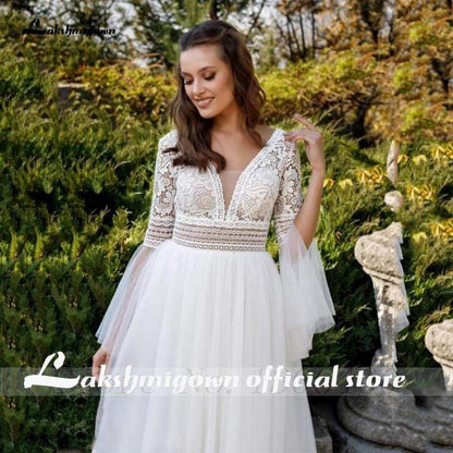 NumberSea Princess Flare Sleeve Wedding Dresses V Neck A Line Tulle