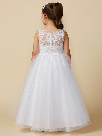 Princess Flower Girl Dresses Ankle Length Lace Tulle Boat Neck First Communion Dresses