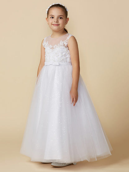 Princess Flower Girl Dresses Ankle Length Lace Tulle Boat Neck First Communion Dresses