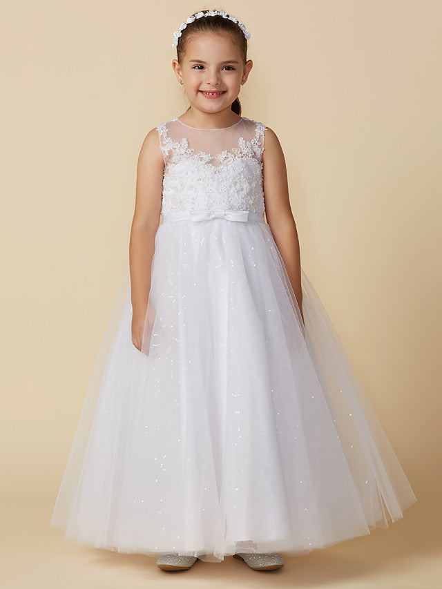 Princess Flower Girl Dresses Ankle Length Lace Tulle Boat Neck First Communion Dresses