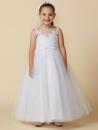 Princess Flower Girl Dresses Ankle Length Lace Tulle Boat Neck First Communion Dresses