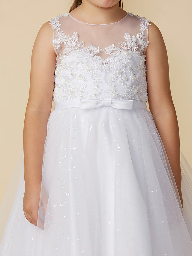 Princess Flower Girl Dresses Ankle Length Lace Tulle Boat Neck First Communion Dresses