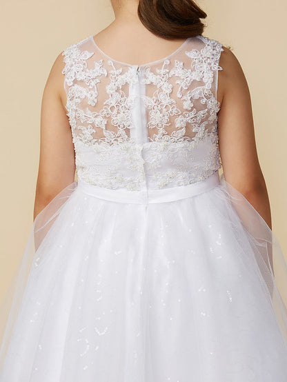 Princess Flower Girl Dresses Ankle Length Lace Tulle Boat Neck First Communion Dresses