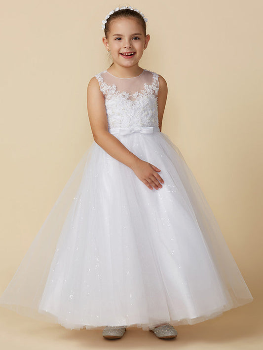 Princess Flower Girl Dresses Ankle Length Lace Tulle Boat Neck First Communion Dresses