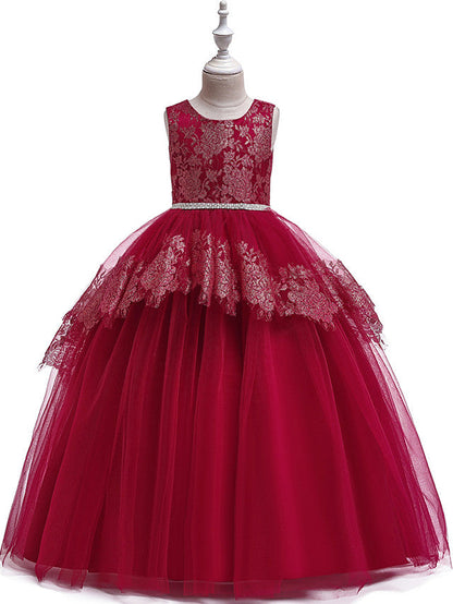 Princess Lace Satin Tulle Sleeveless Jewel Neck Wedding Party Pageant Flower Girl Dresses