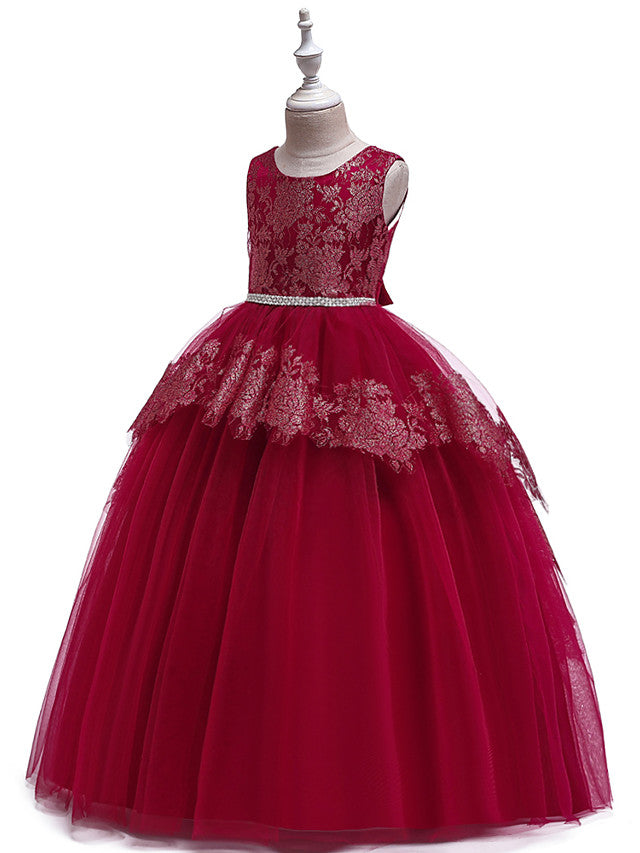 Princess Lace Satin Tulle Sleeveless Jewel Neck Wedding Party Pageant Flower Girl Dresses