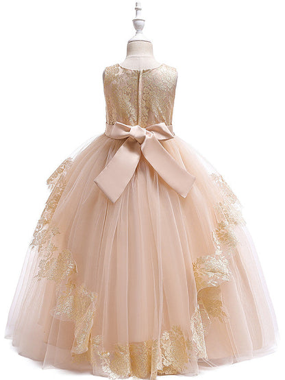 Princess Lace Satin Tulle Sleeveless Jewel Neck Wedding Party Pageant Flower Girl Dresses