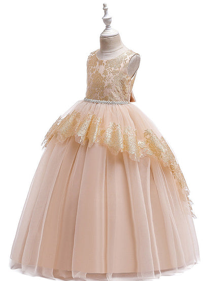 Princess Lace Satin Tulle Sleeveless Jewel Neck Wedding Party Pageant Flower Girl Dresses