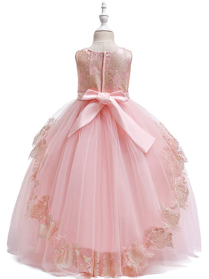 Princess Lace Satin Tulle Sleeveless Jewel Neck Wedding Party Pageant Flower Girl Dresses