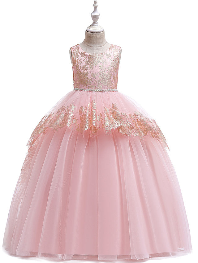 Princess Lace Satin Tulle Sleeveless Jewel Neck Wedding Party Pageant Flower Girl Dresses