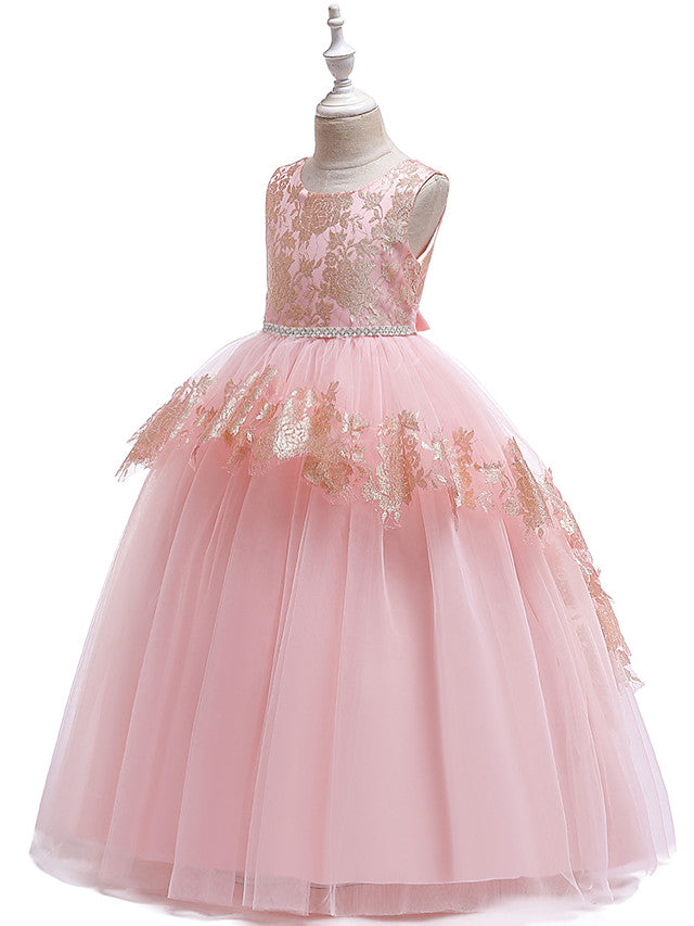 Princess Lace Satin Tulle Sleeveless Jewel Neck Wedding Party Pageant Flower Girl Dresses