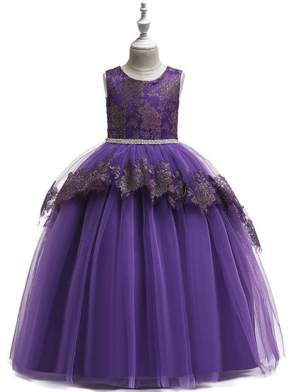 Princess Lace Satin Tulle Sleeveless Jewel Neck Wedding Party Pageant Flower Girl Dresses