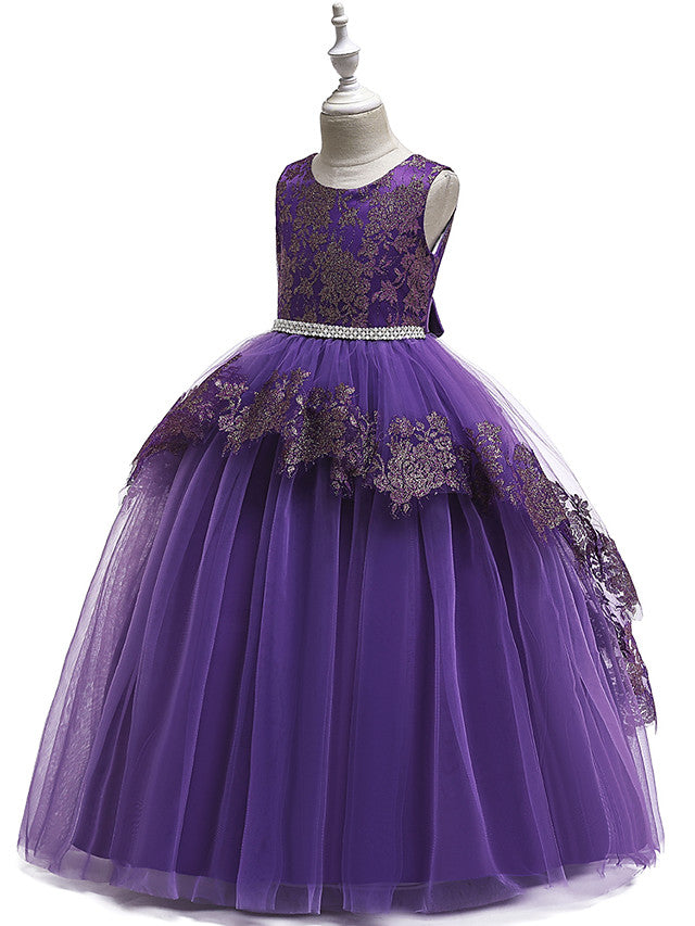 Princess Lace Satin Tulle Sleeveless Jewel Neck Wedding Party Pageant Flower Girl Dresses