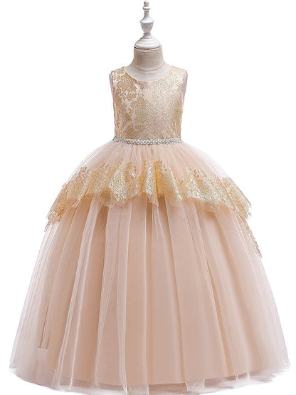 Princess Lace Satin Tulle Sleeveless Jewel Neck Wedding Party Pageant Flower Girl Dresses