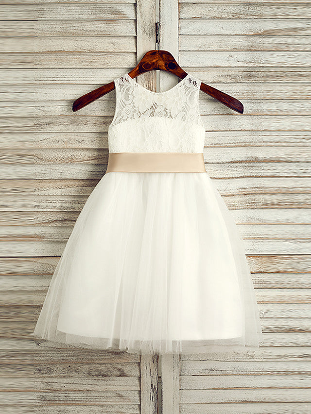 Princess Lace Tulle Satin Chiffon Jewel Neck Wedding First Communion Flower Girl Dresses With Belt