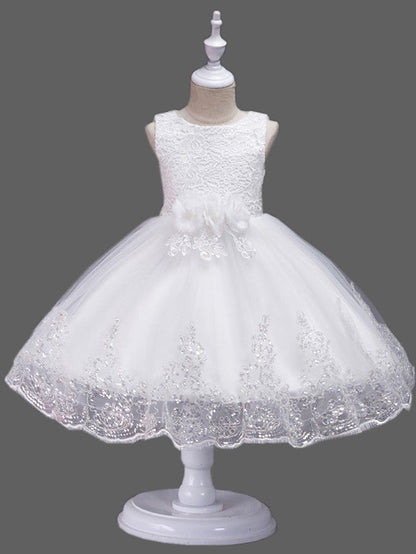 Princess Lace Tulle Sleeveless Jewel Neck Wedding Birthday Flower Girl Dresses