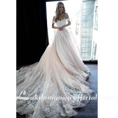 NumberSea Princess Hellrosa schulterfreies A-Linien-Brautkleid