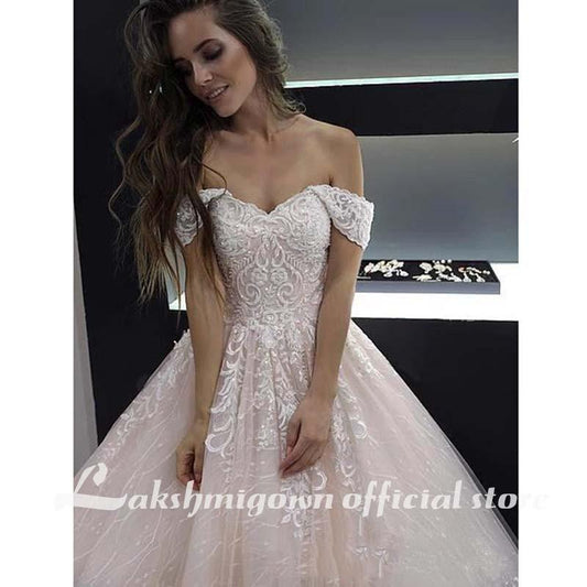 NumberSea Princess Hellrosa schulterfreies A-Linien-Brautkleid