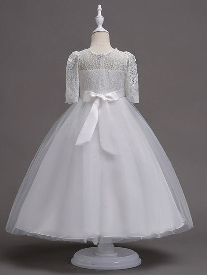 Princess Satin Tulle Jewel Neck Wedding First Communion Flower Girl Dresses with Sleeves