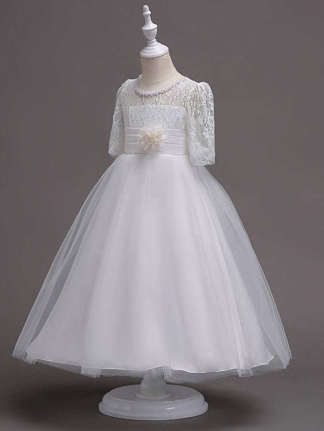 Princess Satin Tulle Jewel Neck Wedding First Communion Flower Girl Dresses with Sleeves