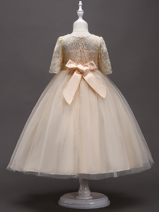 Princess Satin Tulle Jewel Neck Wedding First Communion Flower Girl Dresses with Sleeves