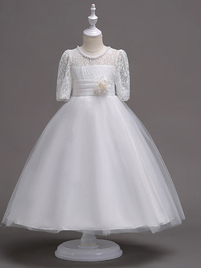 Princess Satin Tulle Jewel Neck Wedding First Communion Flower Girl Dresses with Sleeves