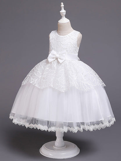 Princess Satin Tulle Sleeveless Jewel Neck Wedding First Communion Birthday Flower Girl Dresses