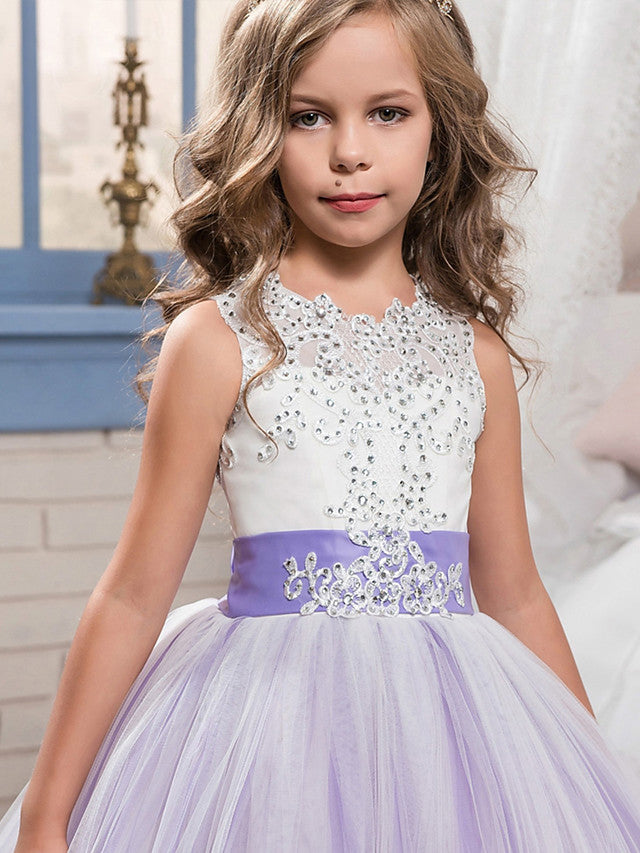 Princess Sleeveless Jewel Neck Pageant Flower Girl Dresses With Bow