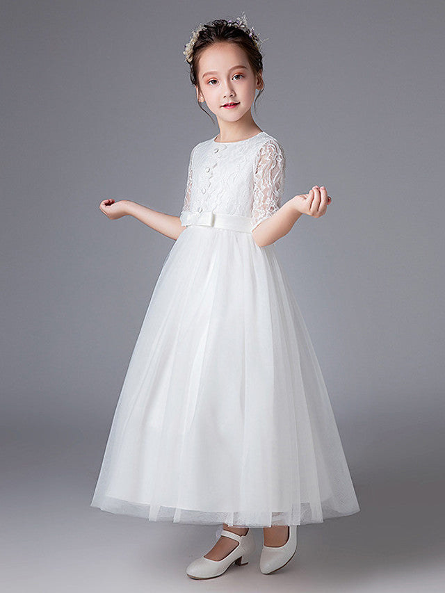 Princess Tulle Lace Half Sleeve Jewel Neck Wedding First Communion Flower Girl Dresses