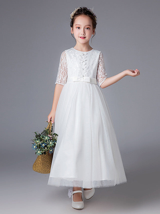 Princess Tulle Lace Half Sleeve Jewel Neck Wedding First Communion Flower Girl Dresses