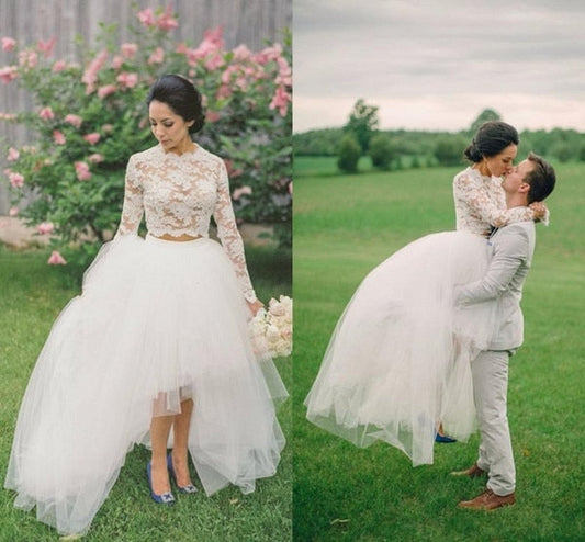 NumberSea Wedding Dresses 2019 Two Pieces High Low Tulle Skirt Lace Top Long Sleeves Crew Women Bridal Gown robe de mariee novia mariage