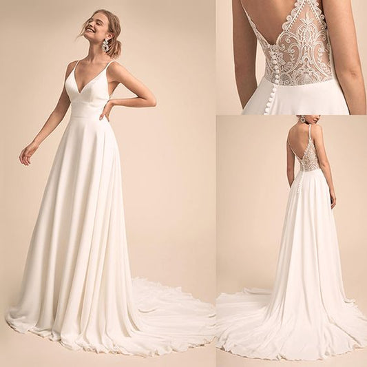 NumberSea Simple V Neck Spaghetti Straps Chiffon A Line Wedding Dress With Lace Back Bridal Gown 2025