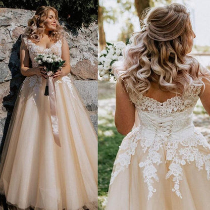 NumberSea V-Ausschnitt Spitzenapplikationen Flügelärmel Langes elegantes A-Linien-Hochzeitskleid mit Perlen zum Schnüren Champagner Brautkleid Vestido de Novia