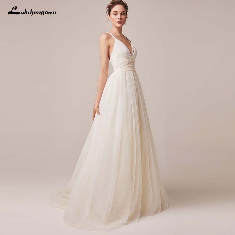 NumberSea Sexy Spaghetti-Trägern Tüll Brautkleid Vestido De Novia Ärmellos V-Ausschnitt Rückenfrei Brautkleider Robe De Mariage