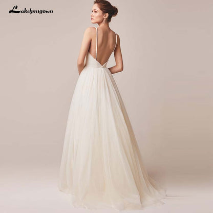 NumberSea Sexy Spaghetti-Trägern Tüll Brautkleid Vestido De Novia Ärmellos V-Ausschnitt Rückenfrei Brautkleider Robe De Mariage