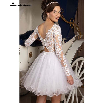 NumberSea Sexy Tulle Wedding Dress Short Cheap Wedding Reception Dresses V Neck With Long Sleeves Lace Wedding Bridal Gowns