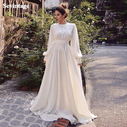 NumberSea Simple A-Line Soft Satin Wedding Dresses Boho Lace Appliques Long Puff Sleeves Bridal Gown Vintage Wedding Party Gowns 2021