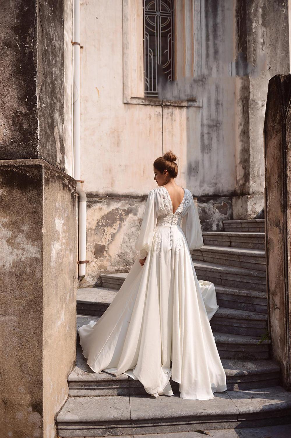 NumberSea Simple A-Line Soft Satin Wedding Dresses Boho Lace Appliques Long Puff Sleeves Bridal Gown Vintage Wedding Party Gowns 2021