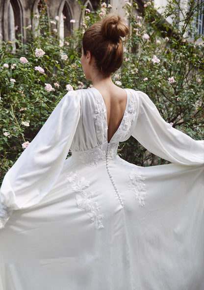 NumberSea Simple A-Line Soft Satin Wedding Dresses Boho Lace Appliques Long Puff Sleeves Bridal Gown Vintage Wedding Party Gowns 2021