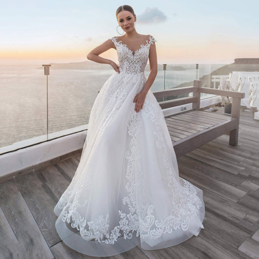 NumberSea Tulle Wedding Dress New A-Line Full Lace Appliques Bridal Gowns O-Neck Sleeveless vestido de noiva Backless Floor Length Button