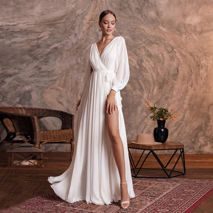 NumberSea Simple Wedding Dress Sexy V Neck Long Sleeves Plain Chiffon A Line Beach Wedding Gown Side Slit Bridal Dresses